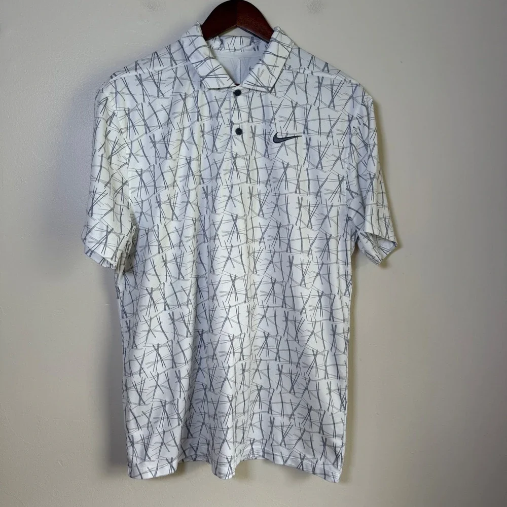 Nike Dri-FIT Geometric Crosshatch Print Golf Polo Shirt Size Large White Gray